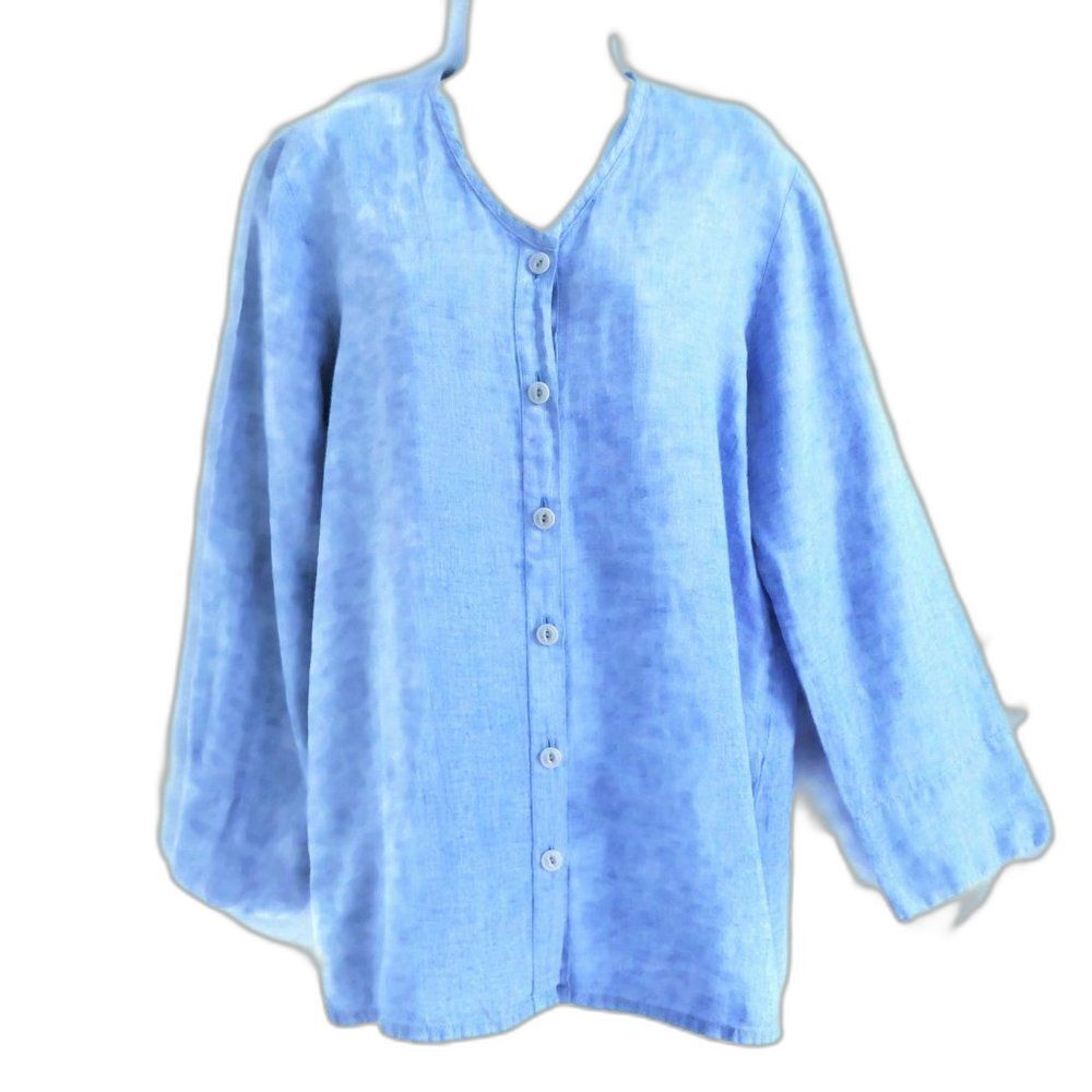Flax Top Pure Linen Blue Button Front V Neck Tunic Lagenlook Side Vents